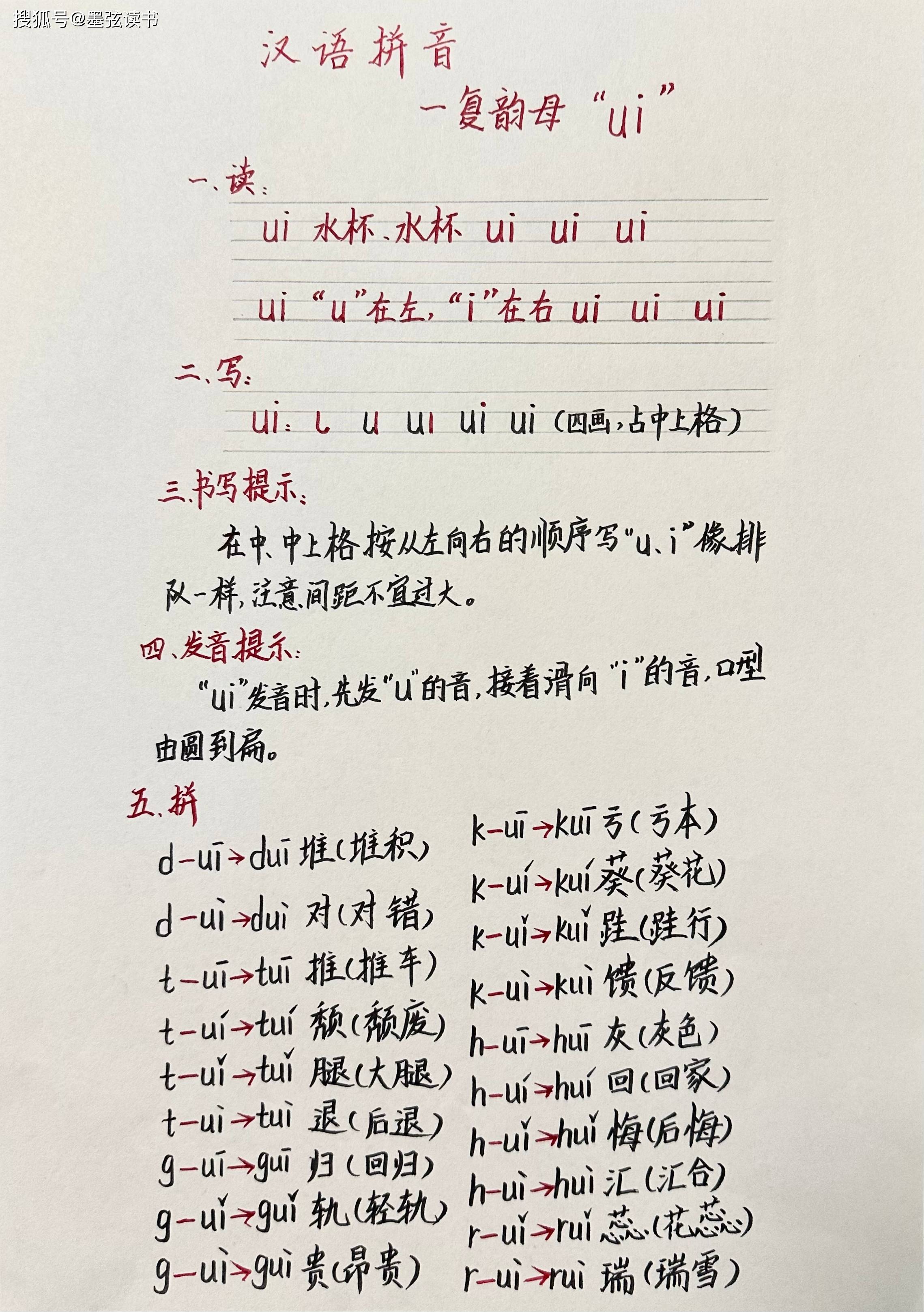 汉语拼音：复韵母 “ui” 读、写、记（全）