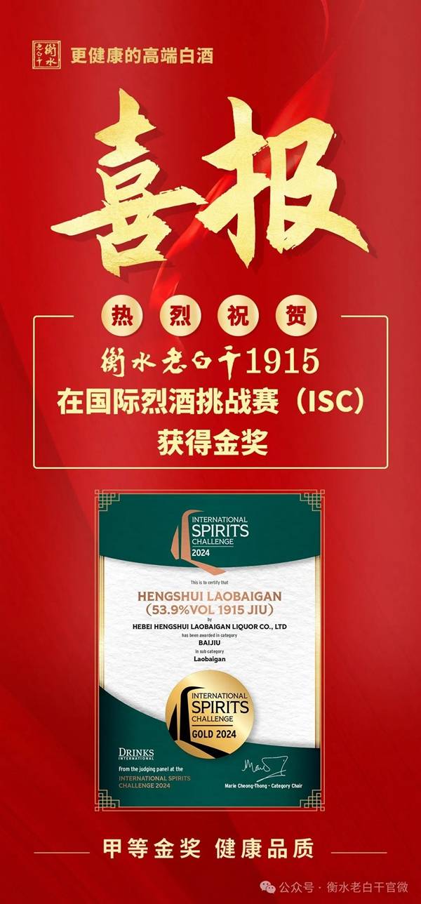 衡水高新区资讯：衡水老白干1915荣获国际烈酒挑战赛（ISC）金奖