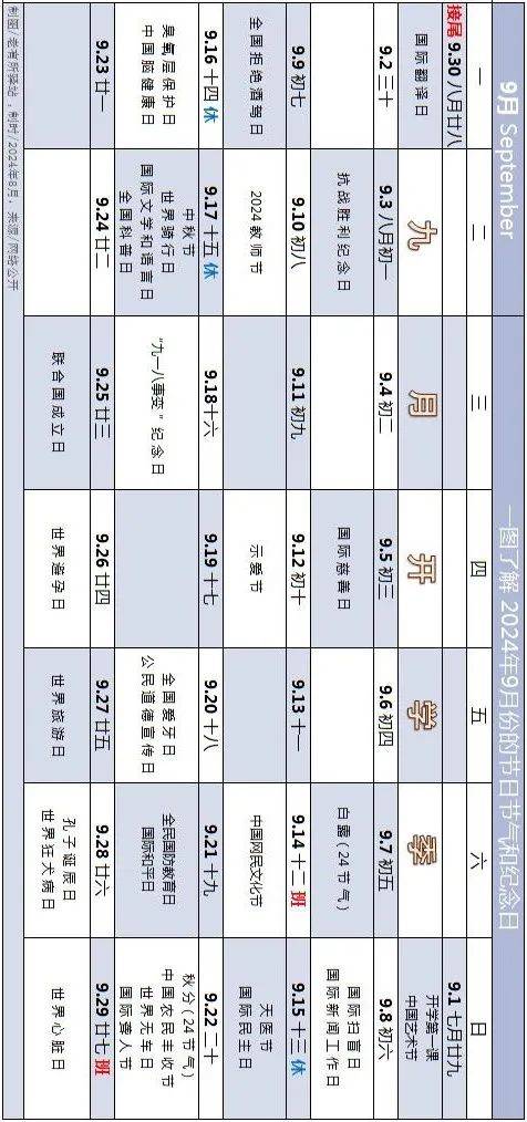 一图了解2024年9月份的节日节气和纪念日