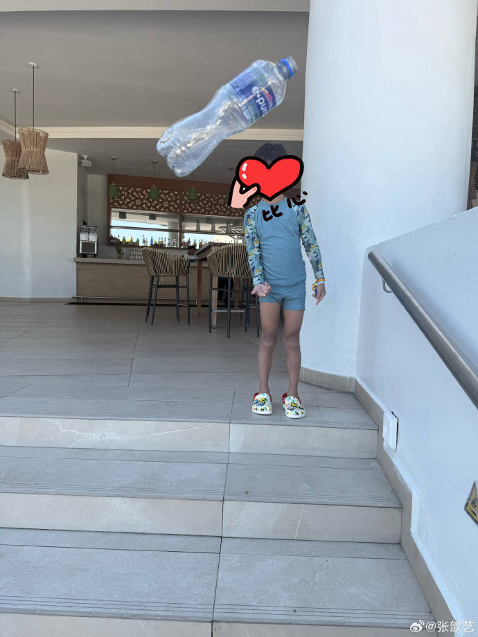 张歆艺晒儿子旅行照，6岁四坨暴晒黑成炭，袁弘打趣称弃子保母