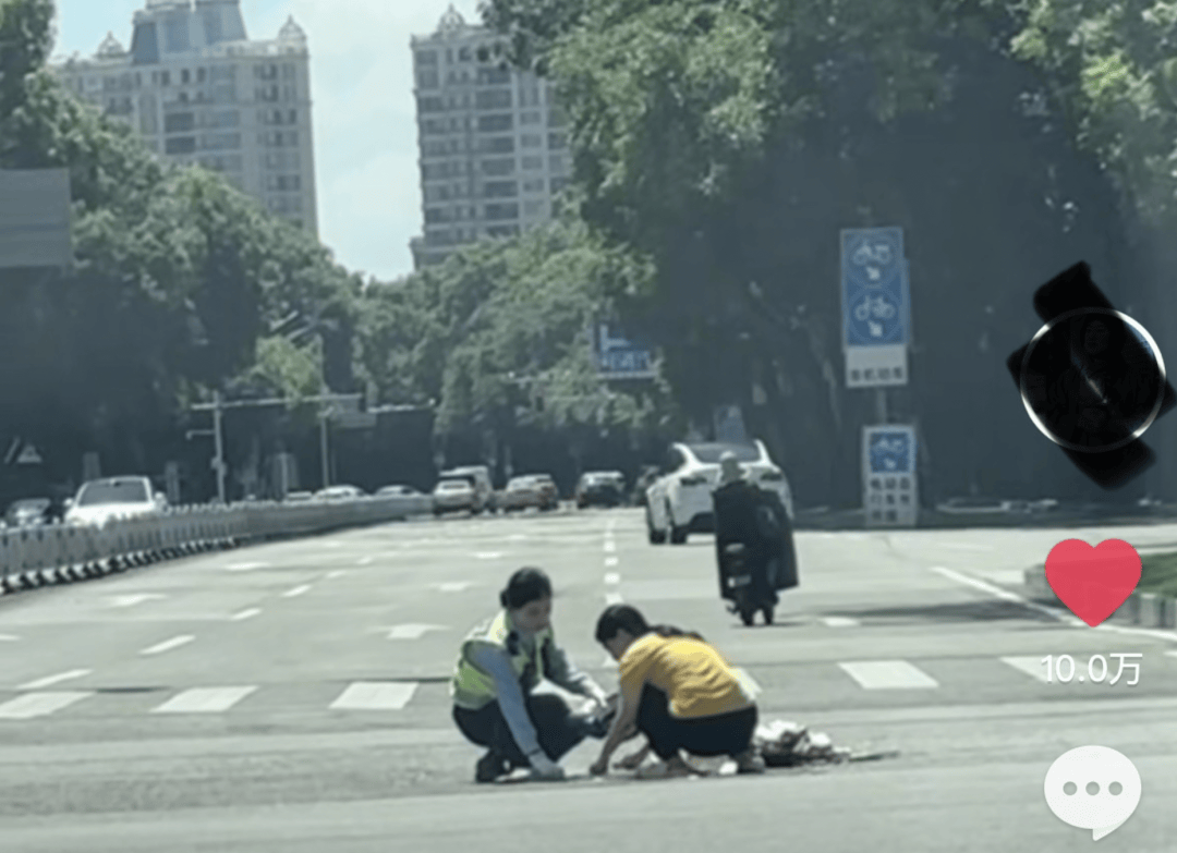 惠州一女警帮女子捡拾掉落的杂物，用警帽装起带到安全岛获赞