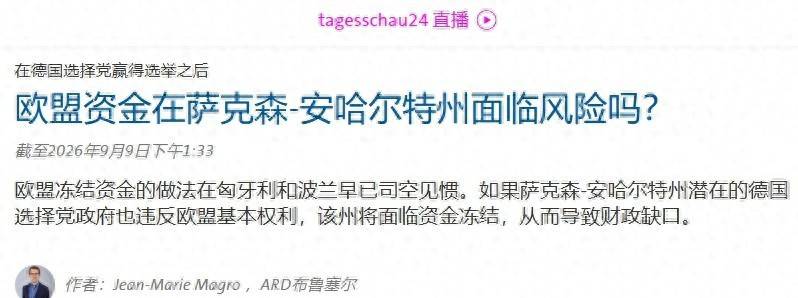 
        德国选择党刚赢得选举，欧盟威胁就来了：5亿欧元拨款或被冻结