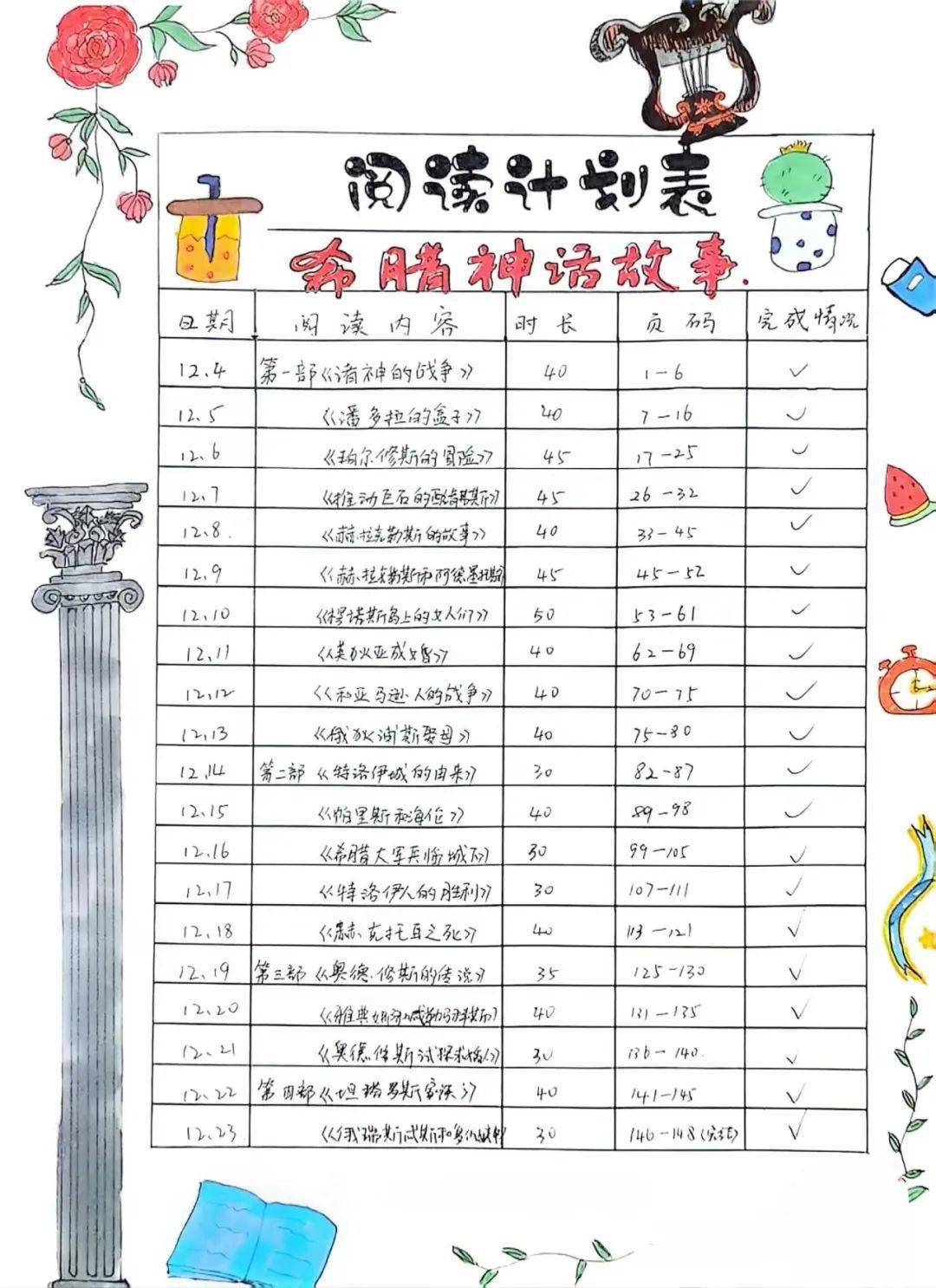们根据自身的兴趣喜好自制神话故事阅读计划表，运用多种方法读整本书。