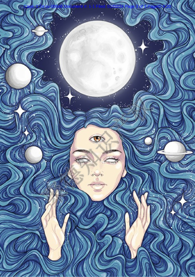 她的双眼泛白,额头上有一只独眼凝视前方,头顶则有一轮明亮的月亮