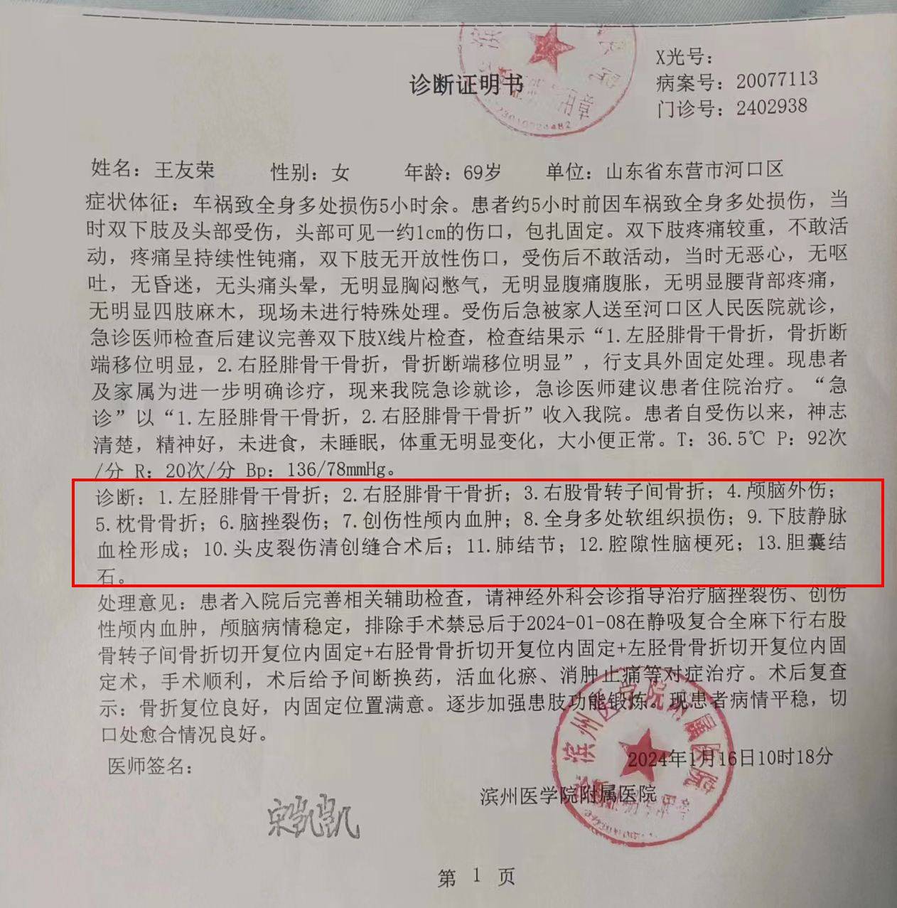 严重车祸致王友荣全身多处骨折,头部出血昏迷23小时,需长期康复治疗!