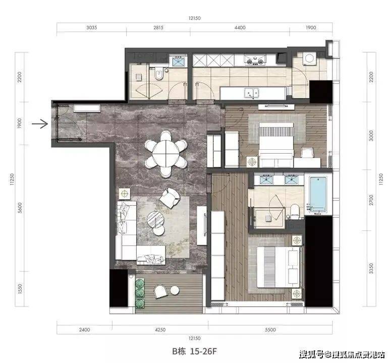 b棟15-26f (中區)建築面積約164㎡ 兩房兩廳兩衛b戶型主衛四件套分區