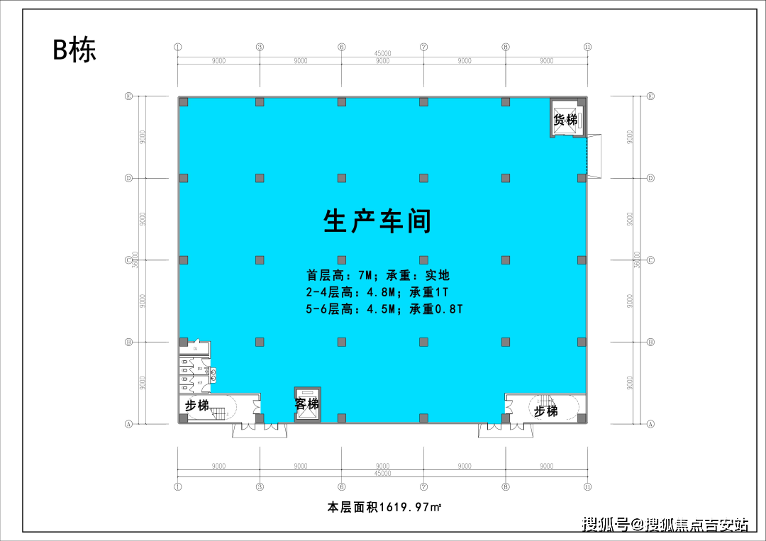 8米麵積:2000㎡/層總層數:10層高層廠房:柱網:約10m×9m//約10m×8m