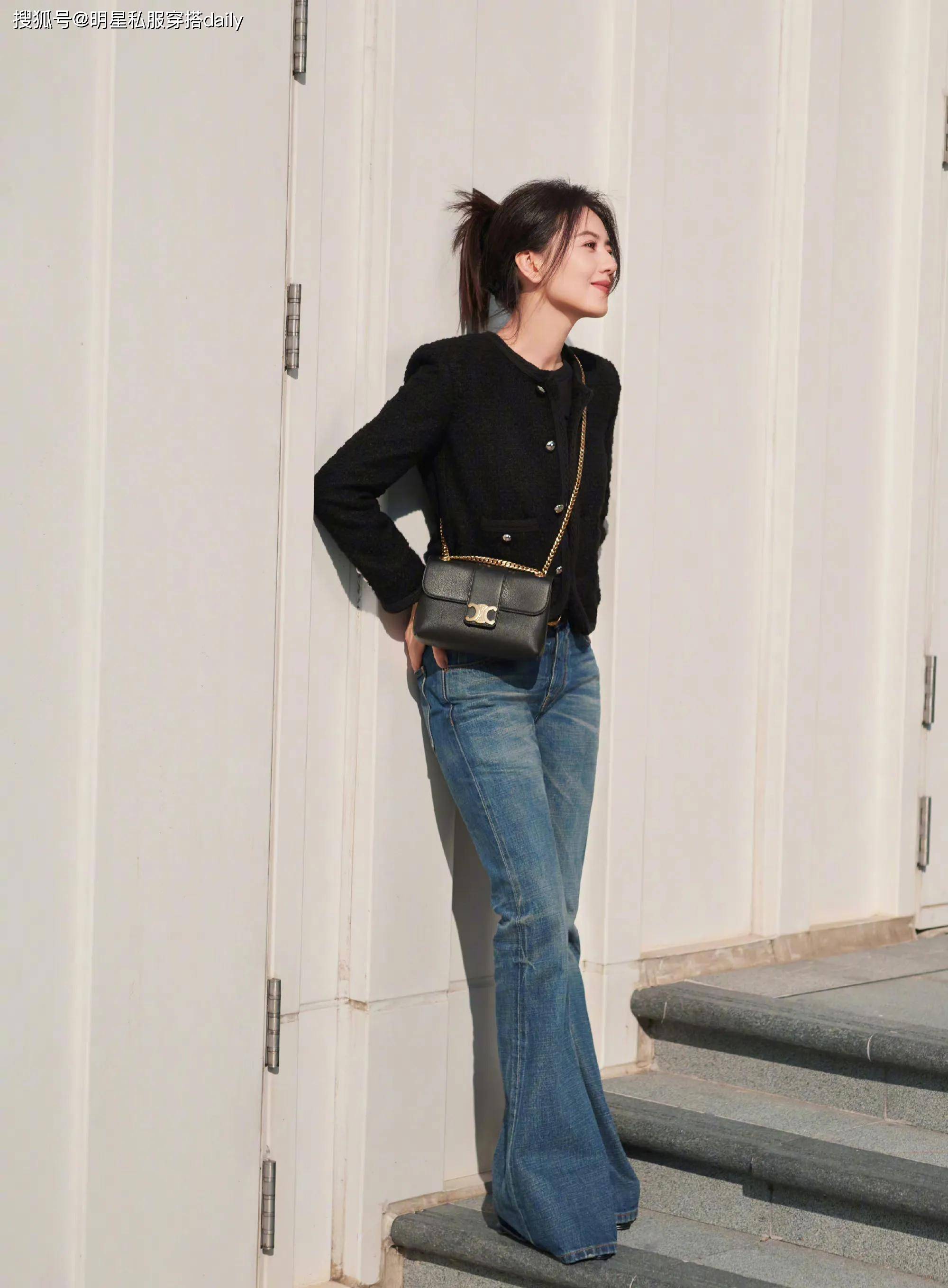 高圆圆带火了一种穿搭,叫上半身针织下半身喇叭牛仔裤,显高显瘦_气质