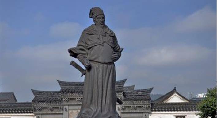 王阳明强开一庙静室,见一圆寂老僧案上纸条,知己大限已到_王守仁_塑像