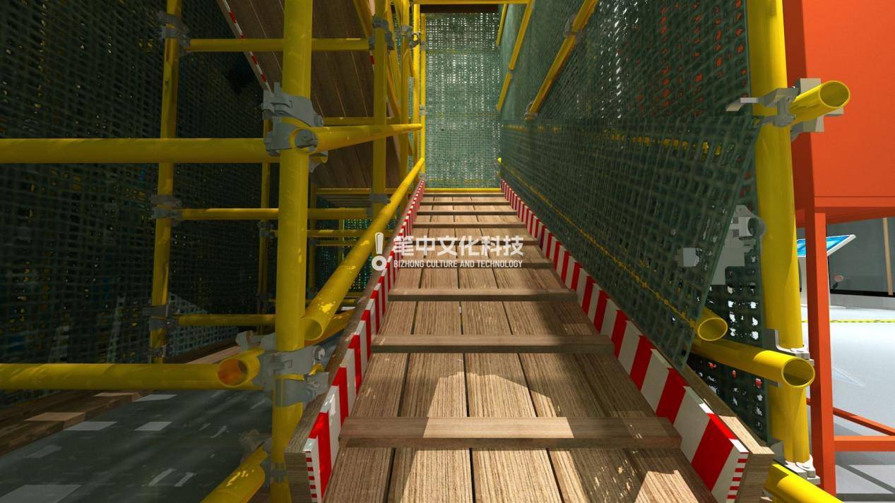 通过实景搭建深基坑,马道,钢筋加工棚,二级配电箱等,结合多媒体显示屏