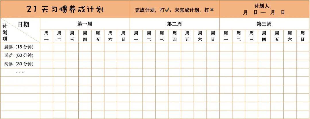 附:21天习惯养成计划表孩子们,"习惯之始如蛛丝,习惯之后如绳索",这句