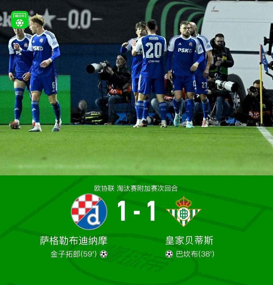 萨格勒布迪纳摩总分2-1皇家贝蒂斯晋级淘汰赛,金子拓郎