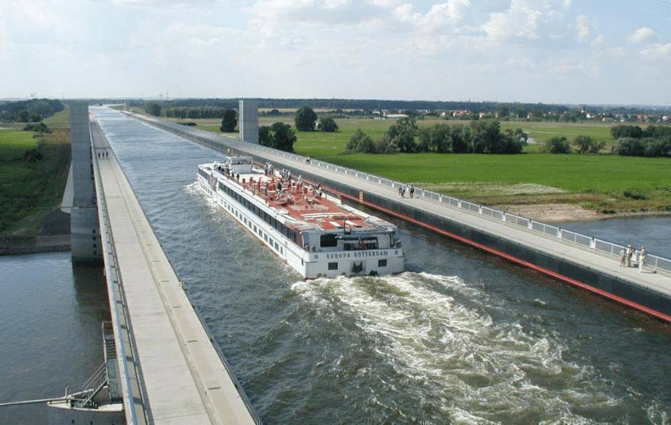 马格德堡水桥全长918米,上下皆可允许船只通行,桥身中间就是一个船槽