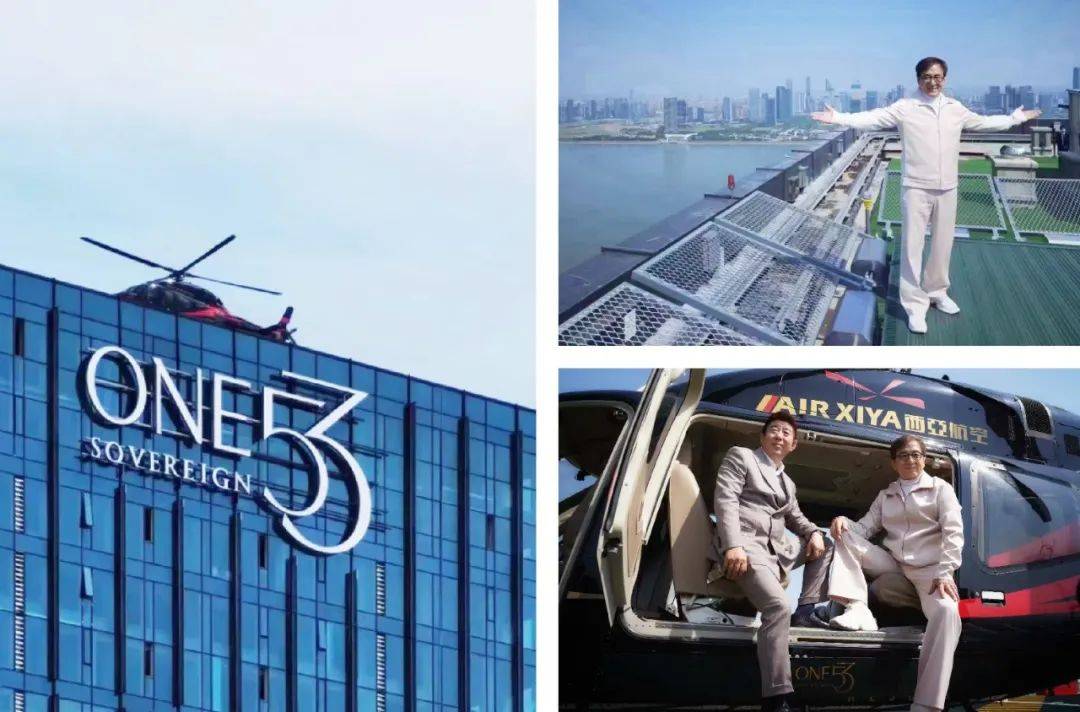 成龙乘坐直升机,在高楼林立的钱江新城盘旋.