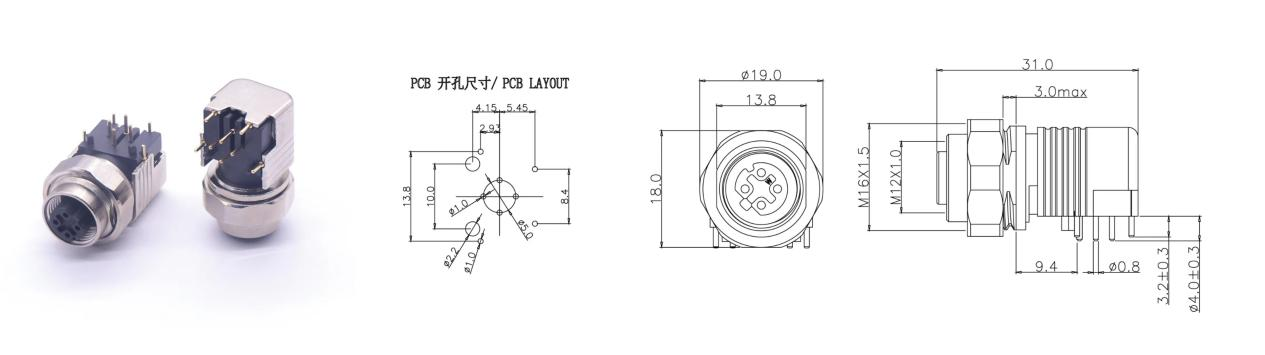 螺纹连接器m12h8插座与尺寸图/孔位图【螺纹连接器m12ha插座】