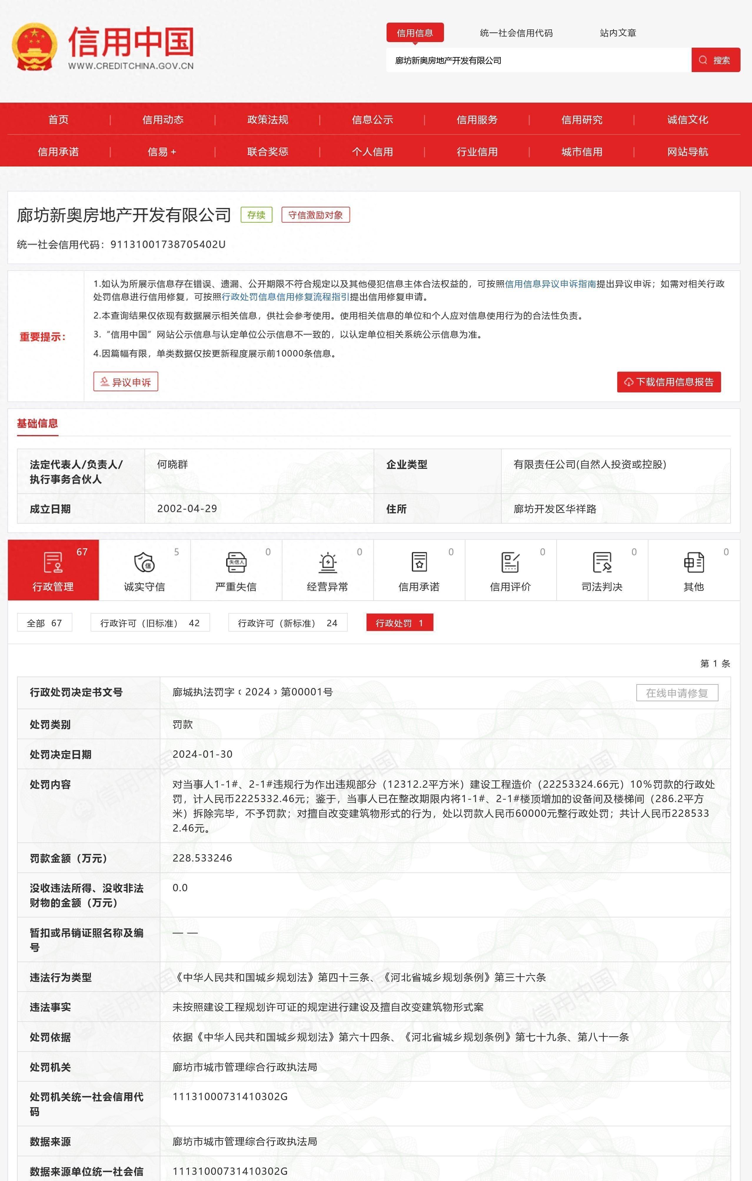 行政处罚决定书(廊城执法罚字〔2024〕第00001号)显示,经查明,2019年