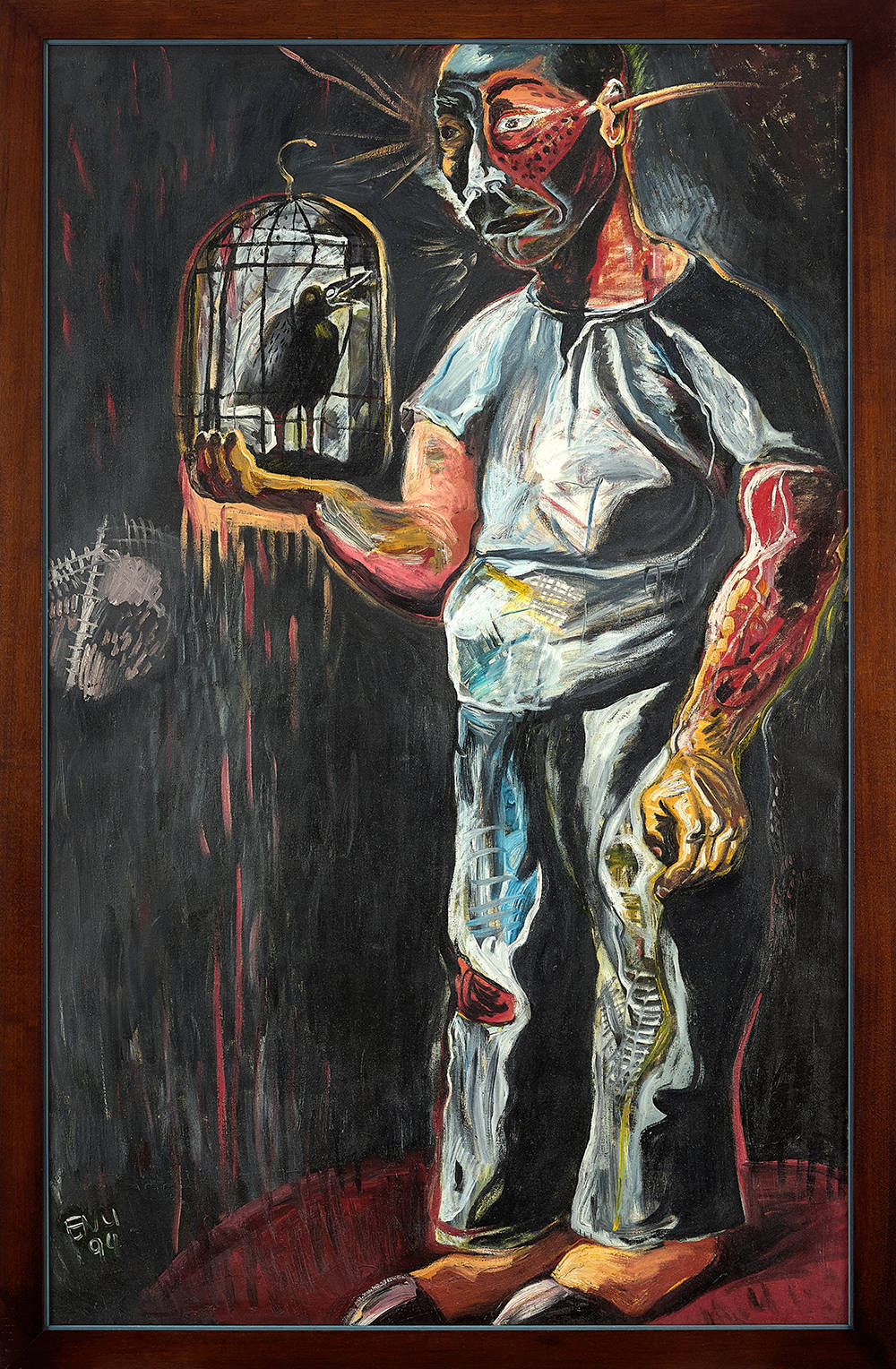 张恩利《老人与鸟》1994年作,油画画布,裱于木板156.4 × 98.