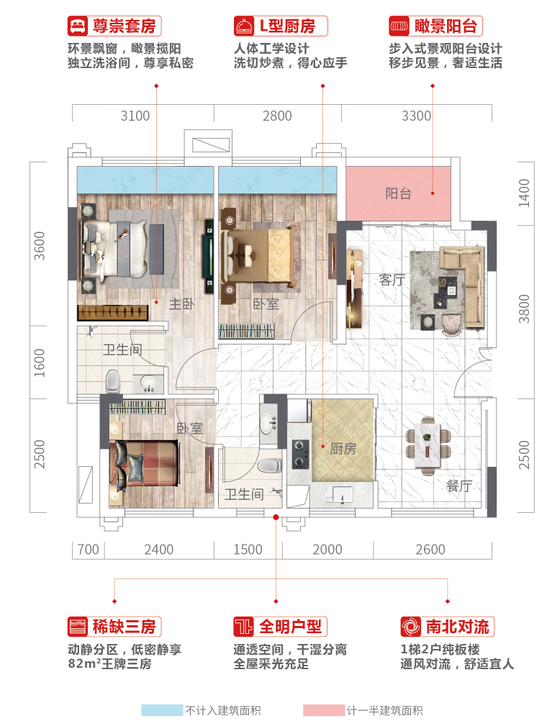 建面约95㎡3 1房2厅2卫中山长虹华悦府售楼中心24小时电话:400-113