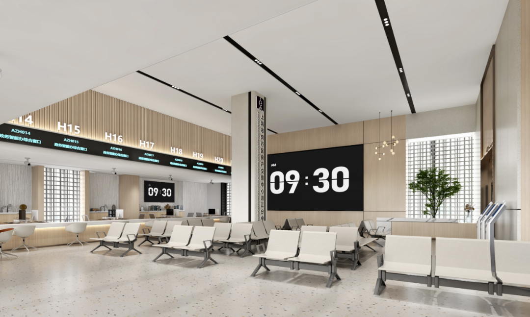 效果图大厅主要功能区分布为,一楼为导办预检取号区,商事登记窗口区