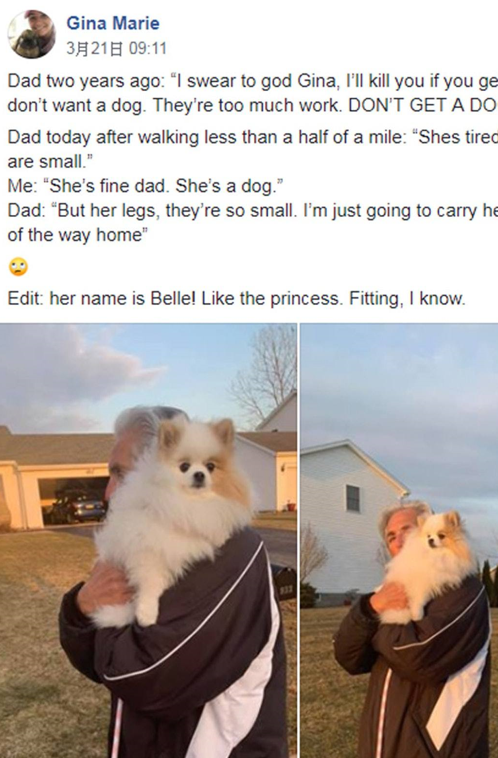 "爸爸之后就把belle抱到肩膀位置,让它可以依傍着爸爸的肩上,可见他有