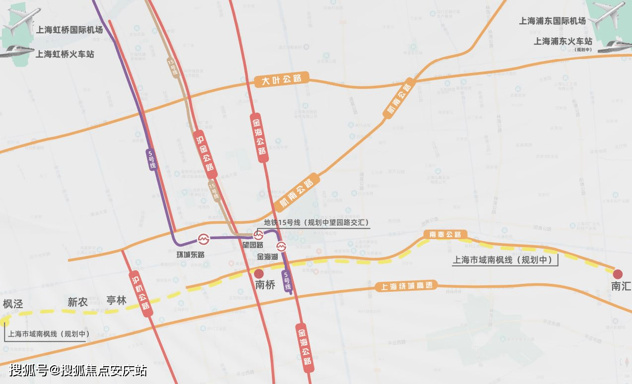 双轨:5号线,地铁15号线南沿线(规划中)三纵:沪杭公路,沪金高速,金海