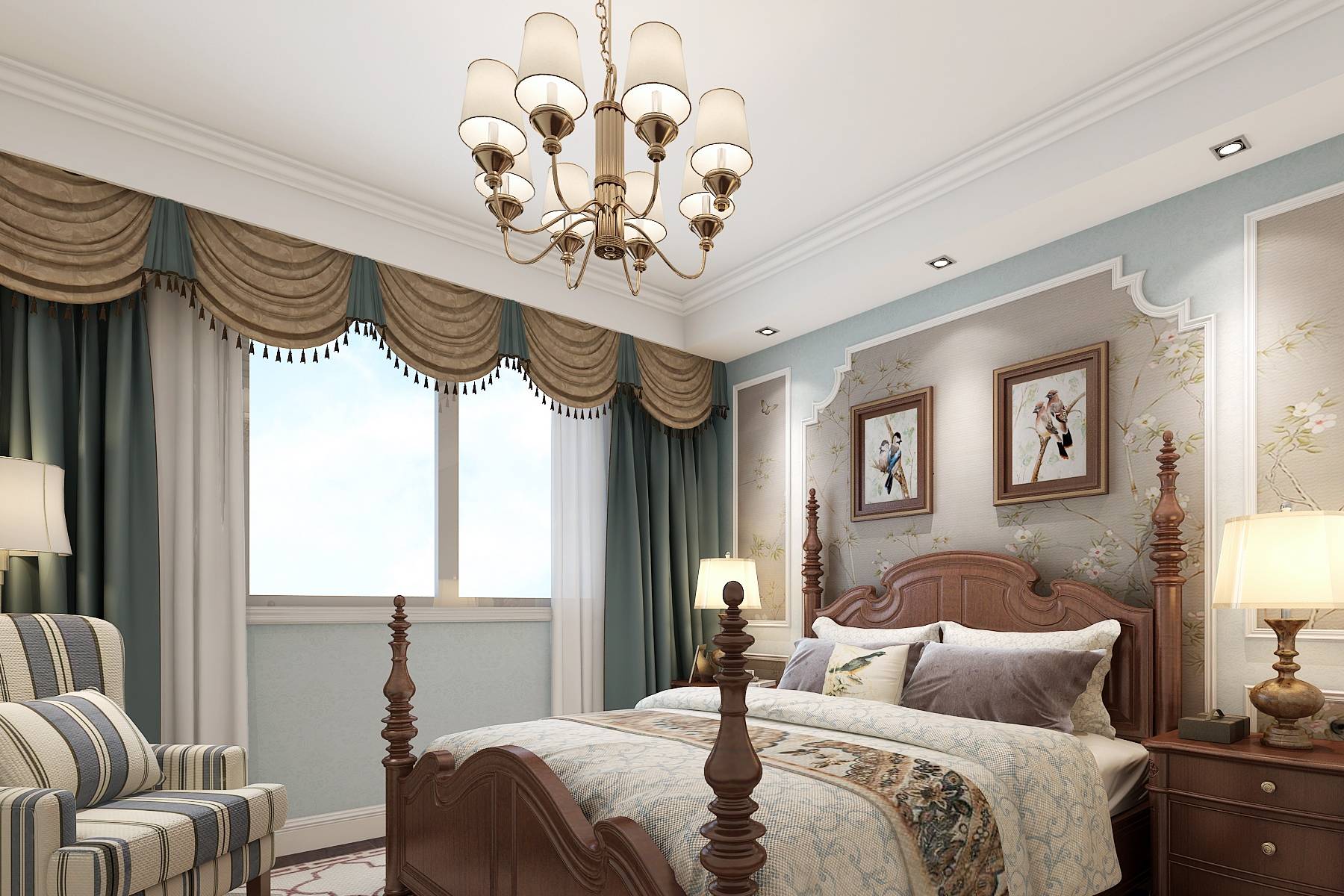 主卧室顶面为跌级吊顶,加双层石膏线,简单不失美观.