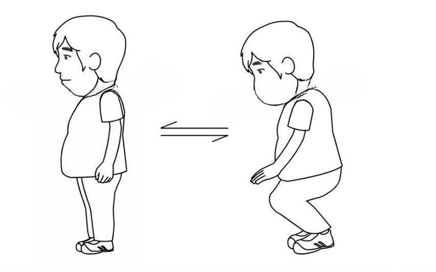 5,下蹲运动.一起一蹲为一组,每次10～15组,每天2~3次.