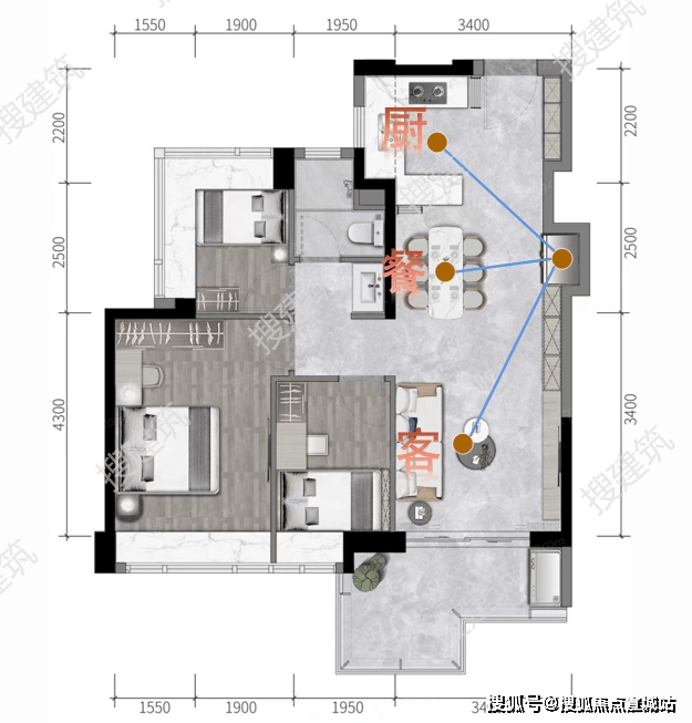 深圳卓越闽泰云奕府建面约85㎡户型示意图3「s墙」尺寸考究以置放双
