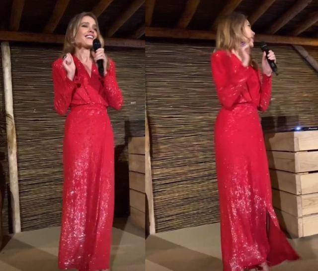 原创38岁lv太子妃闪耀晚宴穿大红亮片裹身裙久违展示华丽一面