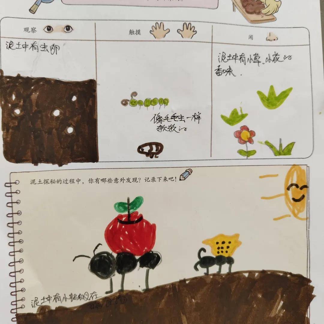 孩子们充分调动视觉,触觉,嗅觉等去感受,认知,还通过前书写的方式记录