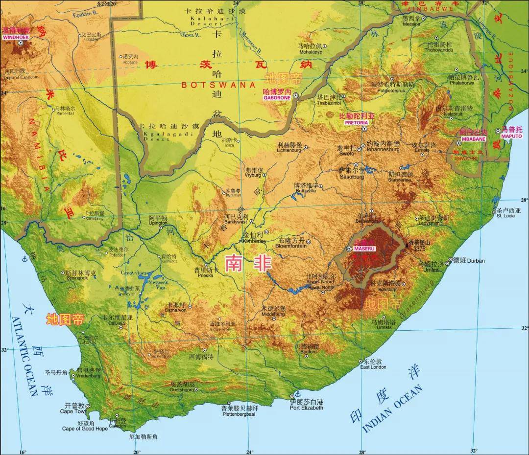 南非有6个陆地邻国,从西往东,与纳米比亚以奥兰治河为界,与博茨瓦纳