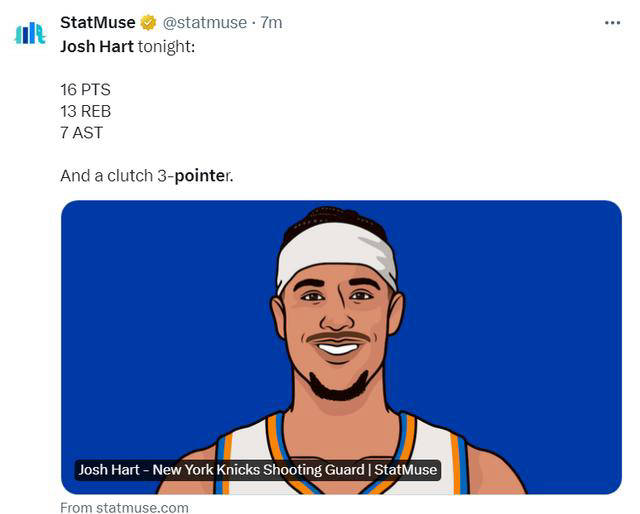 约什-哈特命中致胜三分引热议:尼克斯绝杀费城进决赛