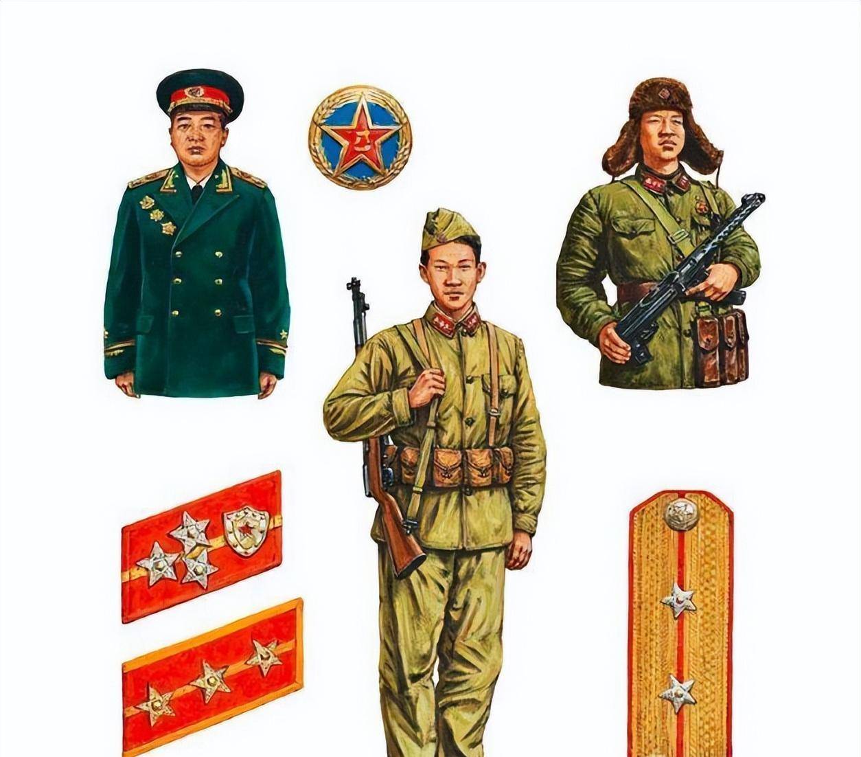 55式军装与58改良式这不是彩色照片,而是手工上色的黑白照片.