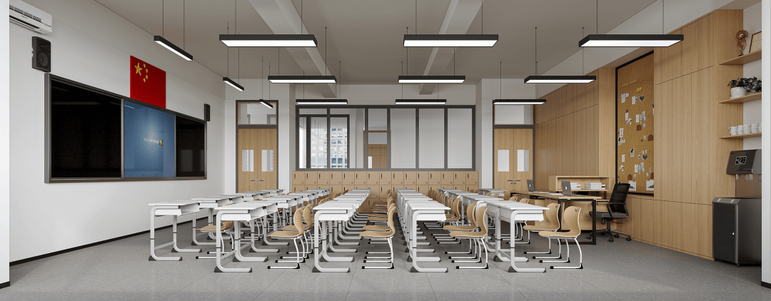 而教室的一侧,设计有储物柜,每个学生都能分得自己的一方"小天地"