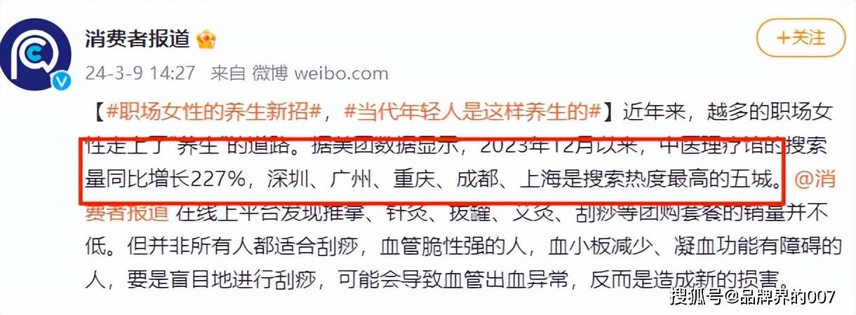 中医理疗馆在美团的搜索量同比增长227%,其中深圳,广州,重庆,成都