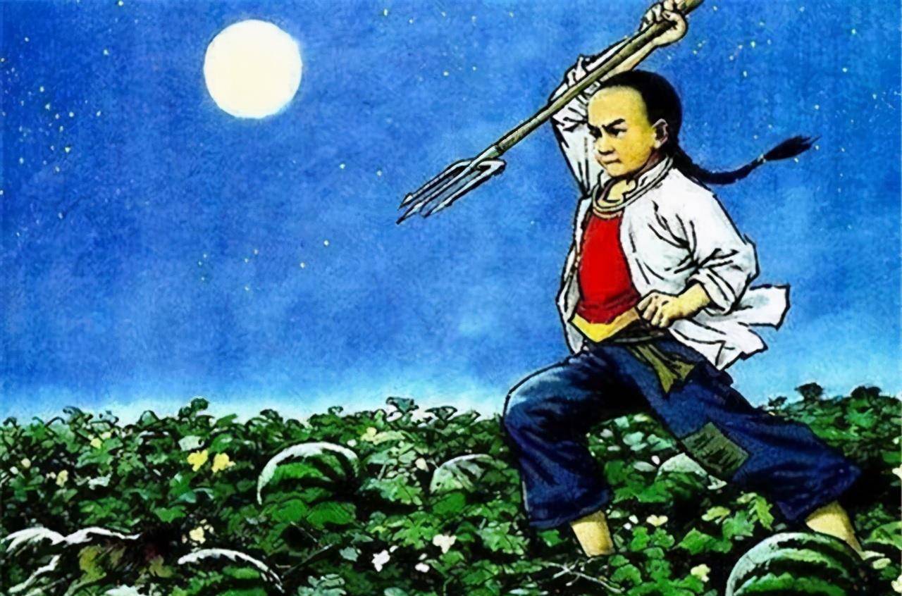 玩得不亦乐乎的两人常常一起捕鸟,一起吃瓜,勇敢机智的闰土还在少年