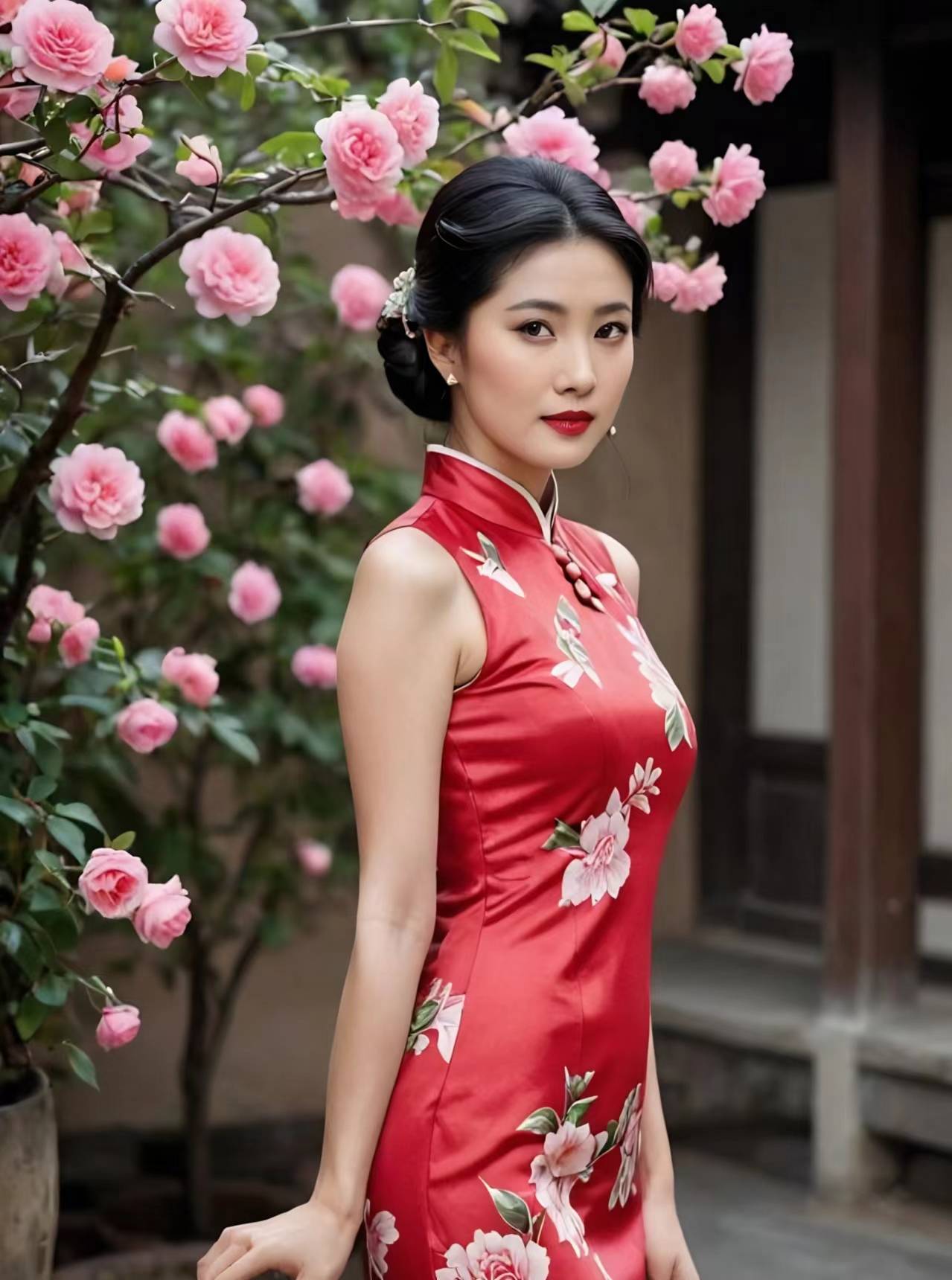 带着喜庆的红色印花旗袍女子