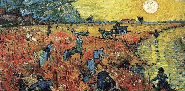 两幅向日葵和一幅名为《红色葡萄园》的画作,梵高的朋友尤金·博奇的