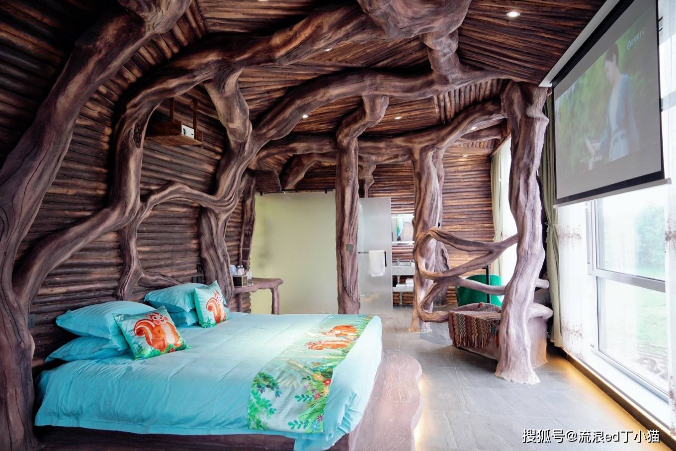 房间的主题风格是七彩丹霞地貌的洞穴房,外部是温馨可爱的松鼠窝.