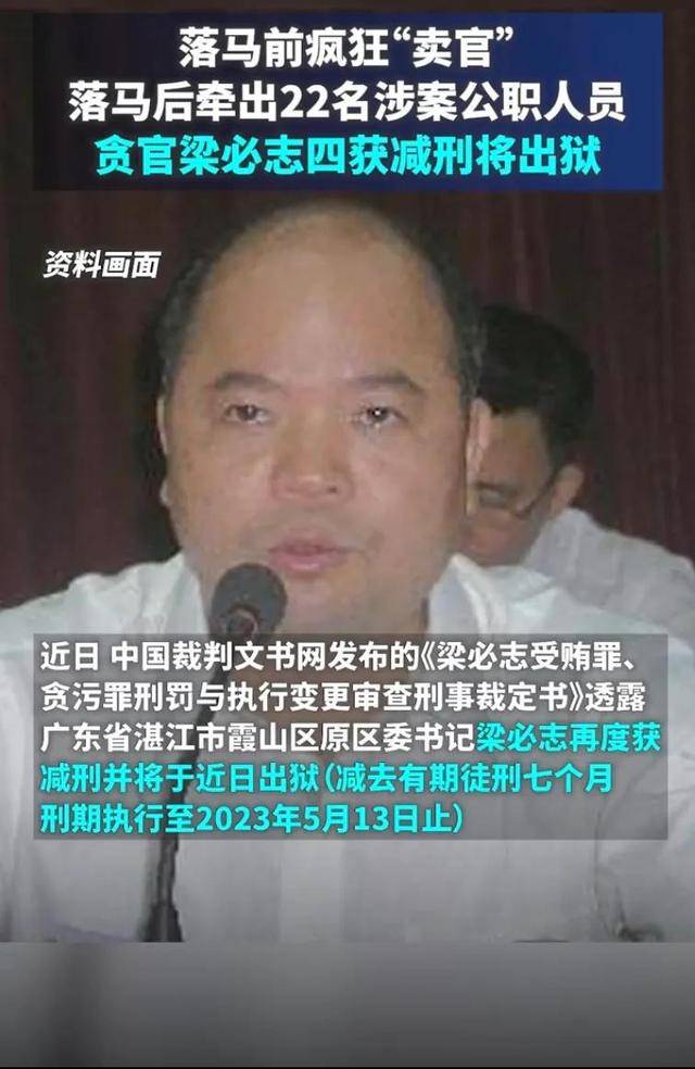 广东湛江市霞山区原区委书记梁必志经6年内4次减刑后,即将出狱