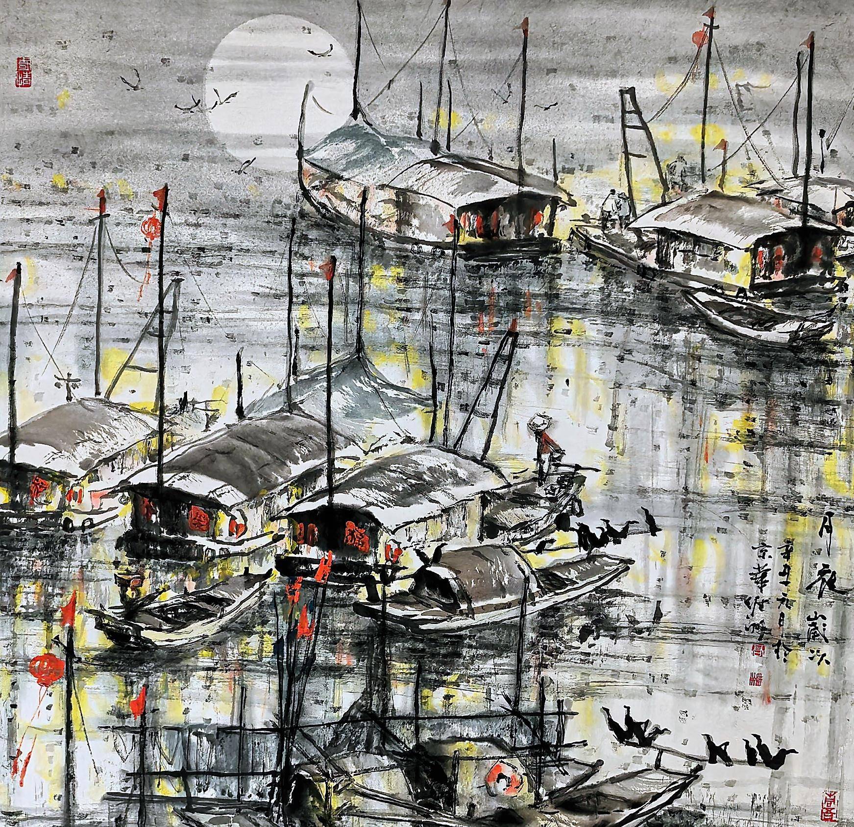 留白历来被国画所重视,高维洲的渔舟题材运用了大面积留白,除了渔舟