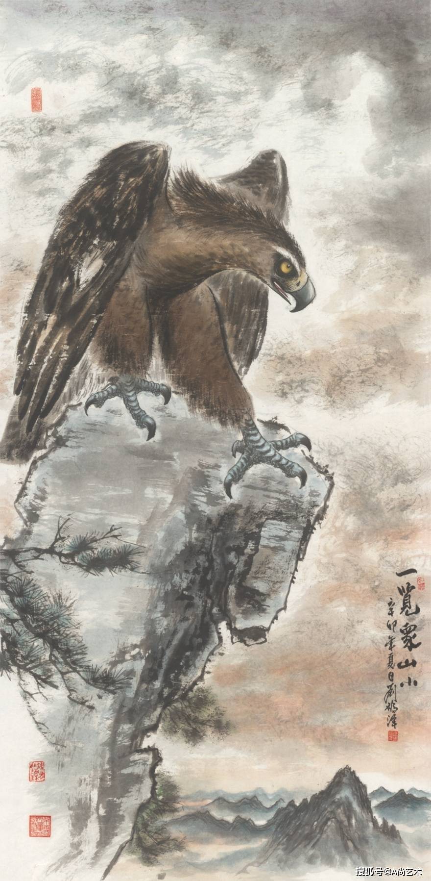 在风云碧霄中工笔双鹰飞鹰仿潘天寿手指墨鹰搏击白鹰高瞻远瞩作品分享