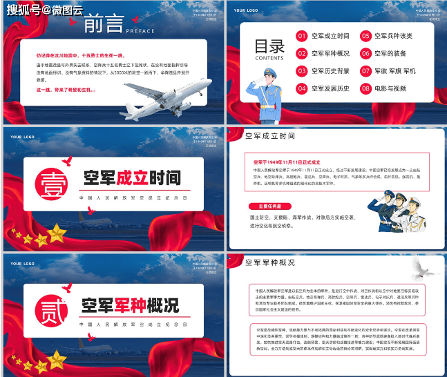 蓝色党政风中国人民解放军空军成立纪念日主题党课ppt模板