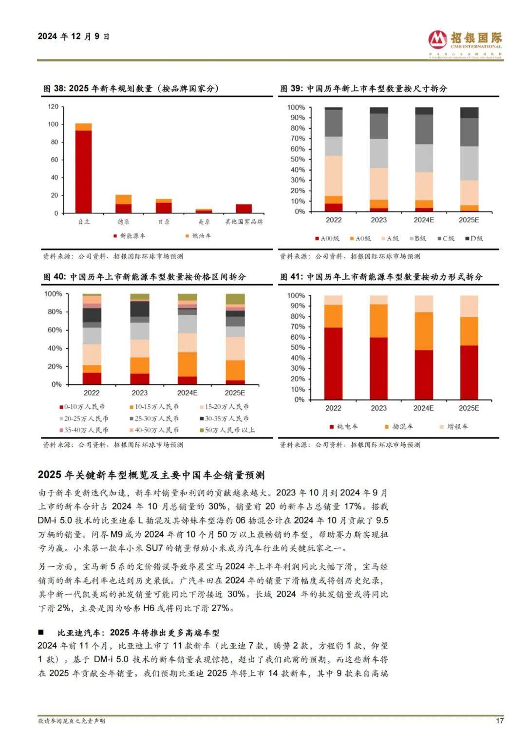 招银国际：2025年汽车行业投资前景如何？中国主要车企销量预测