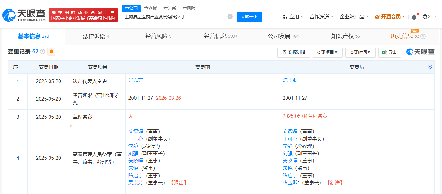 陈玉卿接任复星医药产业发展公司董事长