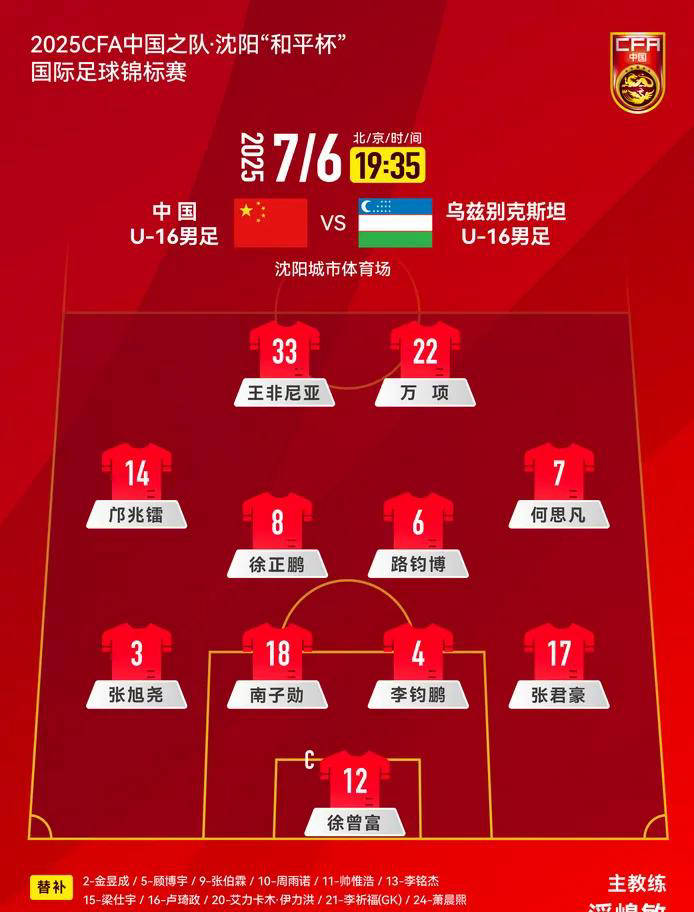 U16国足与乌兹别克对阵，万项、邝兆镭领衔首发