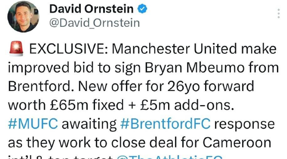 曼联7000万英镑加价招揽前锋，连续第3次报价未果