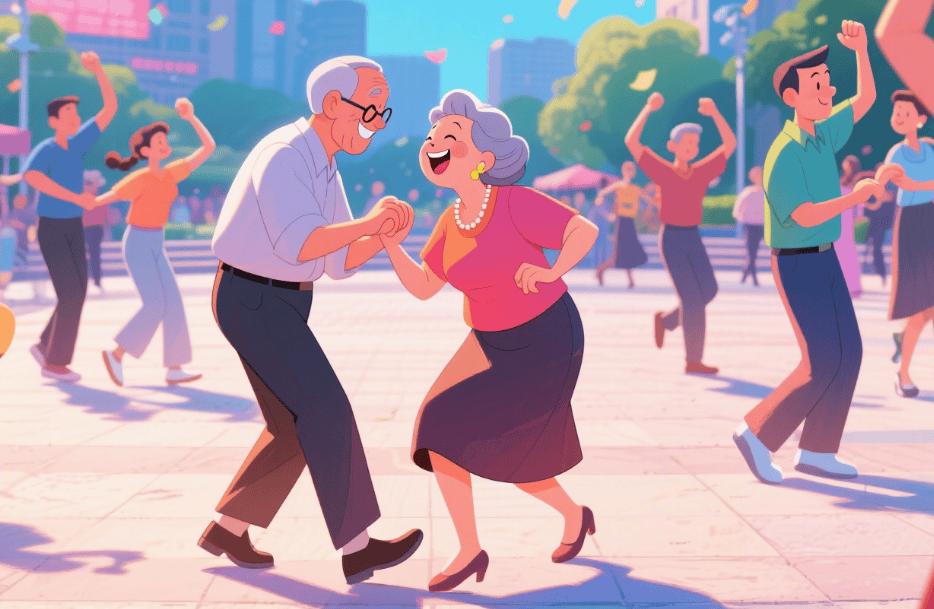 广场舞队的男女对跳:大爷踩错点大妈笑,完了一起纠正动作,这欢乐咋能