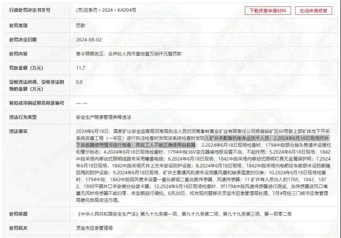 中金黄金多家子公司因安全或事故被罚 领导不按规定带班下井(图8)