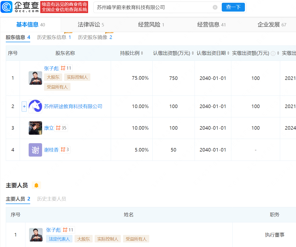 张雪峰公司员工规模达273人 女儿姓名商标已获多类别注册